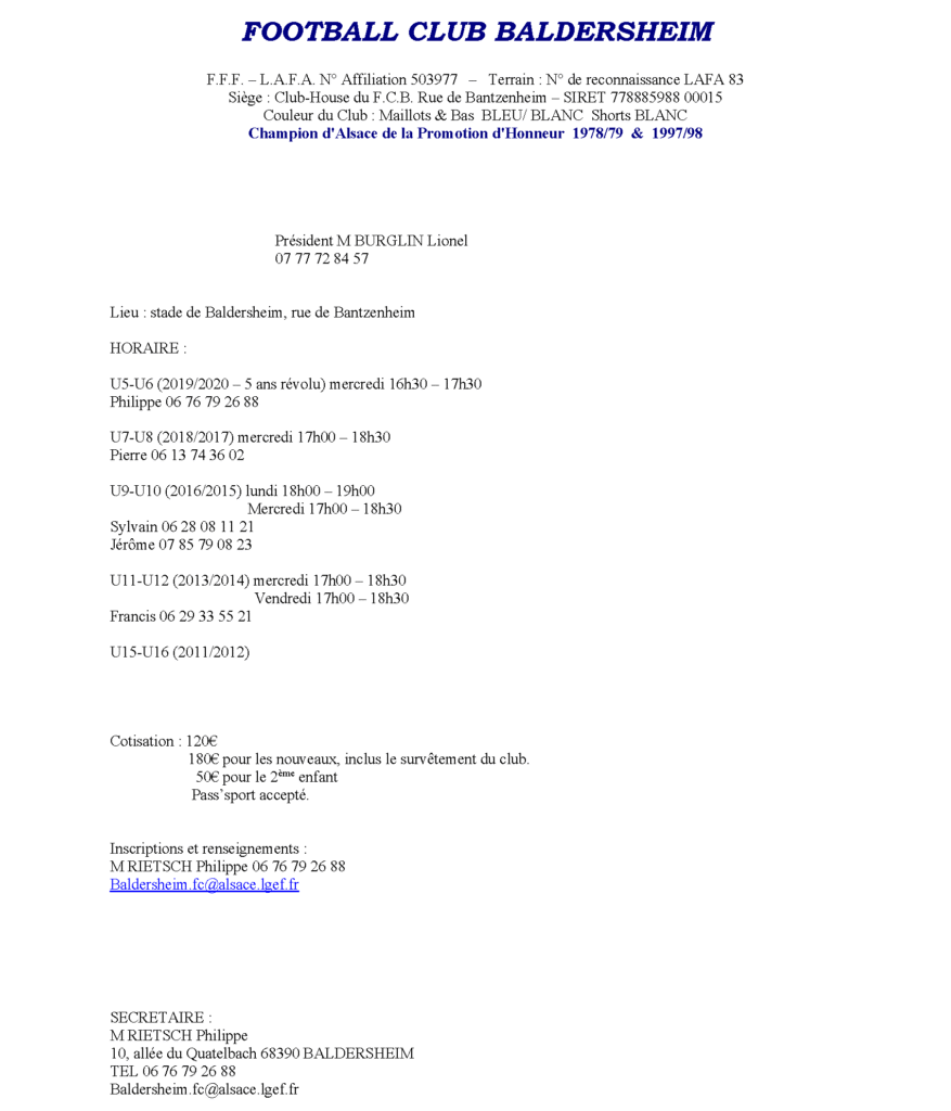 Fiche d'inscription du FC Baldersheim